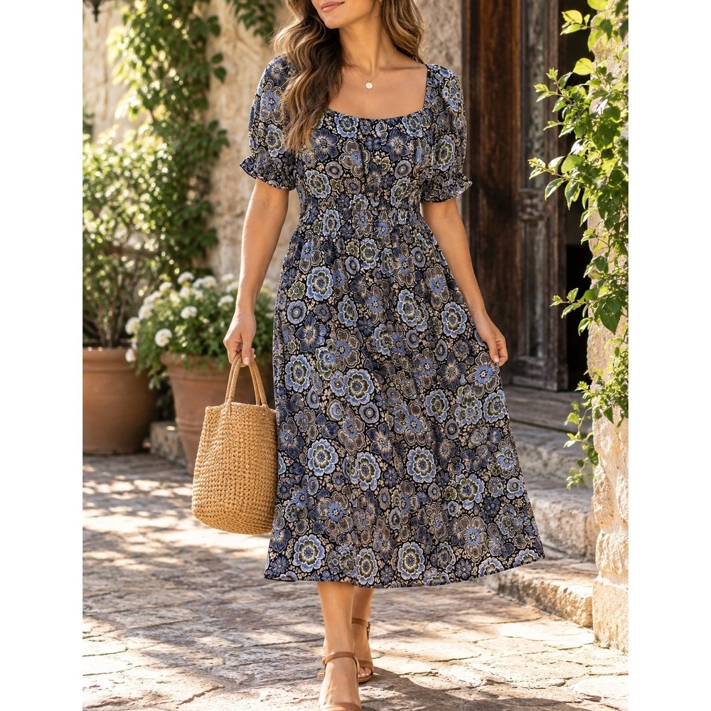 Terra & Sky Midi Dress Women 2X Navy Blue Floral Smocked Waist New With Tags